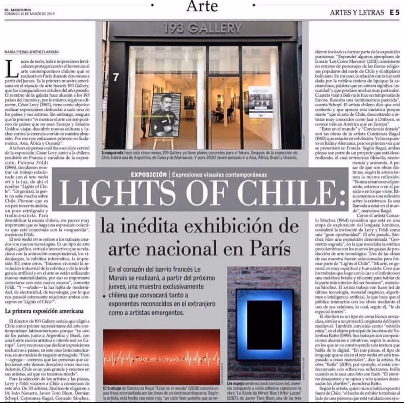 Recorte de prensa: El Mercurio, Artes y Letras, 10 de marzo de 2019 · p. E5